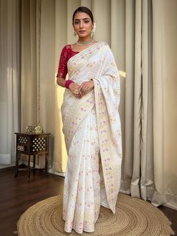 Anjaneya Sarees - White Banarasi Silk Kanjivaram Woven Saree with Unstitched Blouse