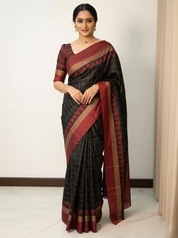 Anjaneya Sarees - Black Banarasi Silk Kanjivaram Woven Saree with Unstitched Blouse