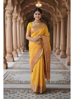 Anjaneya Sarees - Yellow Banarasi Silk Kanjivaram Woven Saree with Unstitched Blouse