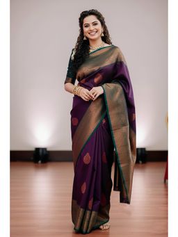 Anjaneya Sarees - Purple Banarasi Silk Kanjivaram Woven Saree with Unstitched Blouse