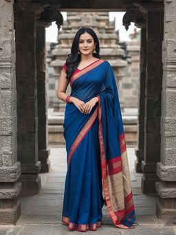 Anjaneya Sarees - Blue Banarasi Silk Kanjivaram Woven Saree with Unstitched Blouse