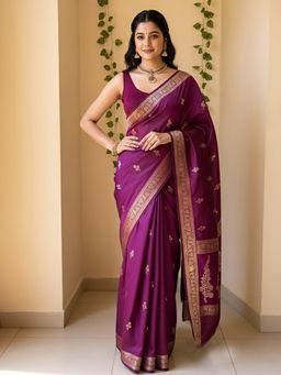 Anjaneya Sarees - Purple Banarasi Silk Kanjivaram Woven Saree with Unstitched Blouse