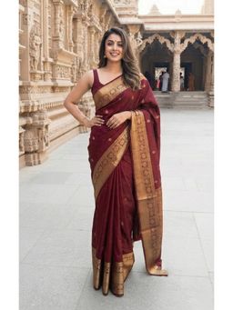 Anjaneya Sarees - Maroon Banarasi Silk Kanjivaram Woven Saree with Unstitched Blouse