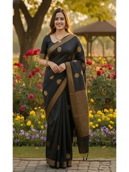 Anjaneya Sarees - Black Banarasi Silk Kanjivaram Woven Saree with Unstitched Blouse