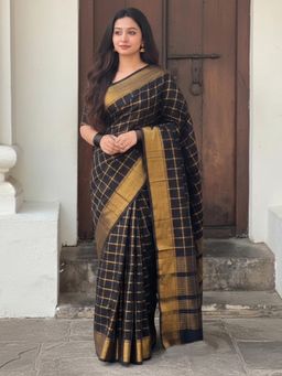 Anjaneya Sarees - Black Banarasi Silk Kanjivaram Woven Saree with Unstitched Blouse