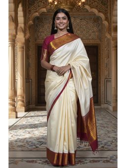 Anjaneya Sarees - Cream Banarasi Silk Kanjivaram Woven Saree with Unstitched Blouse