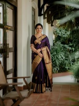 Anjaneya Sarees - Purple Banarasi Silk Kanjivaram Woven Saree with Unstitched Blouse