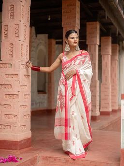 Anjaneya Sarees - White Banarasi Silk Kanjivaram Printed Saree with Unstitched Blouse