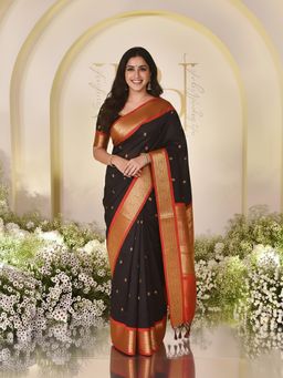 Anjaneya Sarees - Black Banarasi Silk Kanjivaram Woven Saree with Unstitched Blouse