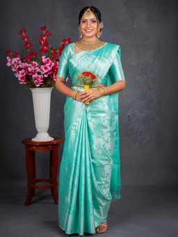 Anjaneya Sarees - Blue Banarasi Silk Kanjivaram Woven Saree with Unstitched Blouse