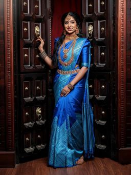 Anjaneya Sarees - Blue Banarasi Silk Kanjivaram Woven Saree with Unstitched Blouse