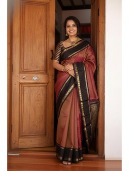 Anjaneya Sarees - Maroon Banarasi Silk Kanjivaram Woven Saree with Unstitched Blouse