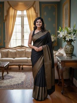 Anjaneya Sarees - Black Banarasi Silk Kanjivaram Woven Saree with Unstitched Blouse