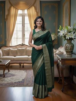 Anjaneya Sarees - Green Banarasi Silk Kanjivaram Woven Saree with Unstitched Blouse