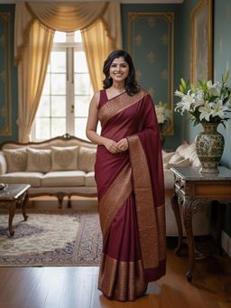 Anjaneya Sarees - Maroon Banarasi Silk Kanjivaram Woven Saree with Unstitched Blouse