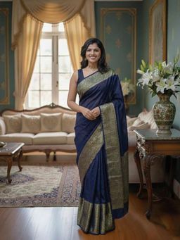 Anjaneya Sarees - Navy Blue Banarasi Silk Kanjivaram Woven Saree with Unstitched Blouse