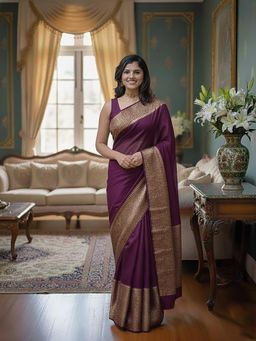 Anjaneya Sarees - Purple Banarasi Silk Kanjivaram Woven Saree with Unstitched Blouse