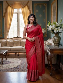 Anjaneya Sarees - Red Banarasi Silk Kanjivaram Woven Saree with Unstitched Blouse