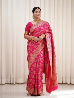 Anjaneya Sarees - Pink Banarasi Silk Kanjivaram Woven Saree with Unstitched Blouse