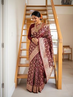 Anjaneya Sarees - Maroon Banarasi Silk Kanjivaram Woven Saree with Unstitched Blouse