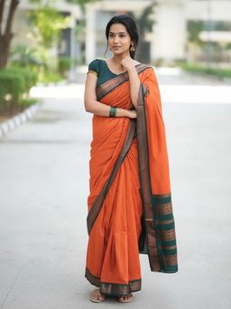 Anjaneya Sarees - Orange Banarasi Silk Kanjivaram Woven Saree with Unstitched Blouse