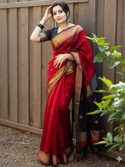 Anjaneya Sarees - Red Banarasi Silk Kanjivaram Woven Saree with Unstitched Blouse