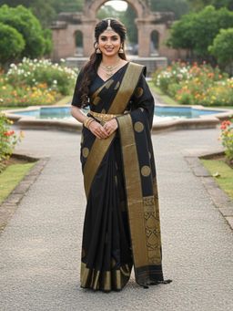 Anjaneya Sarees - Black Banarasi Silk Kanjivaram Woven Saree with Unstitched Blouse