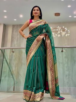 Anjaneya Sarees - Green Banarasi Silk Kanjivaram Woven Saree with Unstitched Blouse