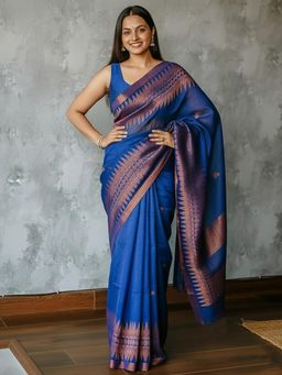 Anjaneya Sarees - Blue Banarasi Silk Kanjivaram Woven Saree with Unstitched Blouse
