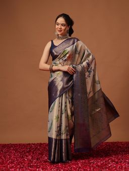 Silk Land - Banarasi Navy Blue Silk Zari Tissue Saree with Unstitched Blouse