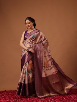 Silk Land - Banarasi Purple Silk Zari Tissue Saree with Unstitched Blouse