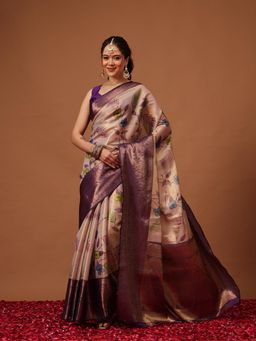 Silk Land - Banarasi Purple Silk Zari Tissue Saree with Unstitched Blouse