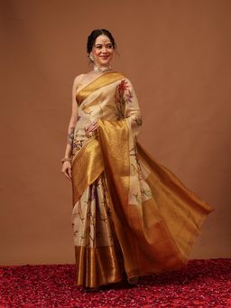 Silk Land - Banarasi Mustard Silk Zari Tissue Saree with Unstitched Blouse