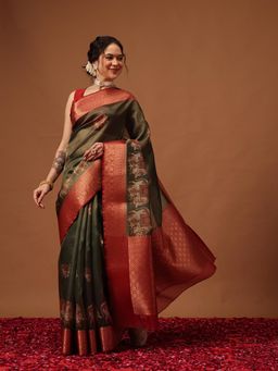 Silk Land - Muga Zari Pichwai Saree with Unstitched Blouse