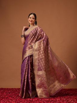 Silk Land - Kanjivaram Purple Tissue Silk Zari Ready To Wear Saree with Unstitched Blouse