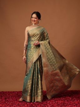 Silk Land - Kanjivaram Teal Tissue Silk Zari Ready To Wear Saree with Unstitched Blouse