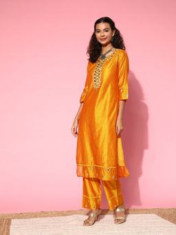 Jaipur Kurti - Mustard Chanderi Mirror Embroidered Straight Kurta with Palazzo (Set of 2)
