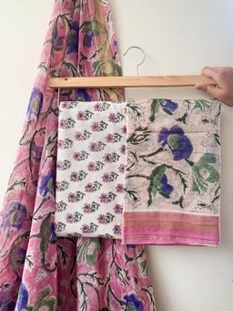 Moora - Pink Pop - Maheshwari Silk Cotton Hand Block Print Unstitched Suit (Set of 3)