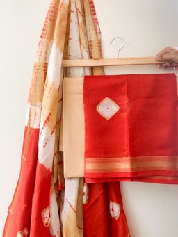 Moora - Bright Orange - Maheshwari Silk Cotton Hand Block Print Unstitched Suit (Set of 3)