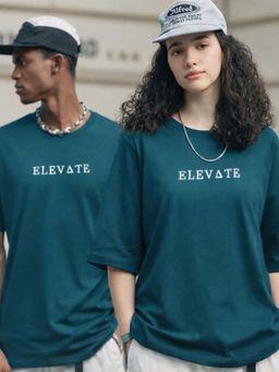 RIGO - Unisex Teal Cotton Drop Shoulder Round Neck Oversized T-Shirt