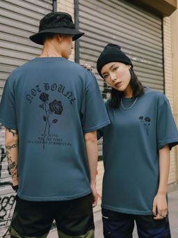 RIGO - Unisex Turquoise Cotton Drop Shoulder Round Neck Oversized T-Shirt