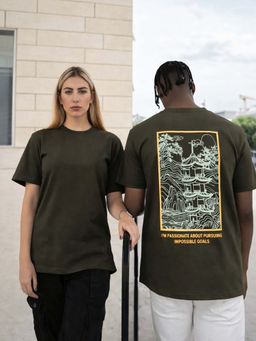 RIGO - Unisex Olive Cotton Drop Shoulder Round Neck Oversized T-Shirt
