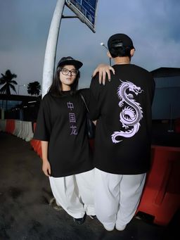 RIGO - Unisex Black Cotton Drop Shoulder Round Neck Oversized T-Shirt