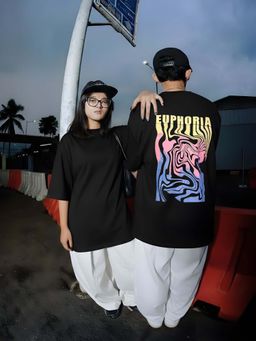 RIGO - Unisex Black Cotton Drop Shoulder Round Neck Oversized T-Shirt