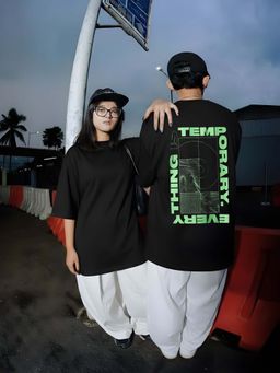 RIGO - Unisex Black Cotton Drop Shoulder Round Neck Oversized T-Shirt