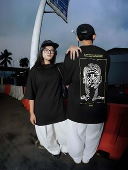 RIGO - Unisex Black Cotton Drop Shoulder Round Neck Oversized T-Shirt