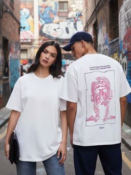 RIGO - Unisex Off White Cotton Drop Shoulder Round Neck Oversized T-Shirt