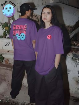 RIGO - Unisex Purple Cotton Drop Shoulder Round Neck Oversized T-Shirt