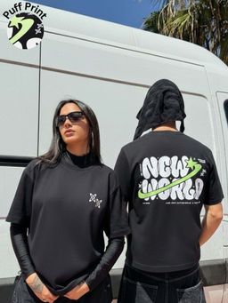 RIGO - Unisex Black Cotton Drop Shoulder Round Neck Oversized T-Shirt