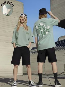 RIGO - Unisex Green Cotton Drop Shoulder Round Neck Oversized T-Shirt